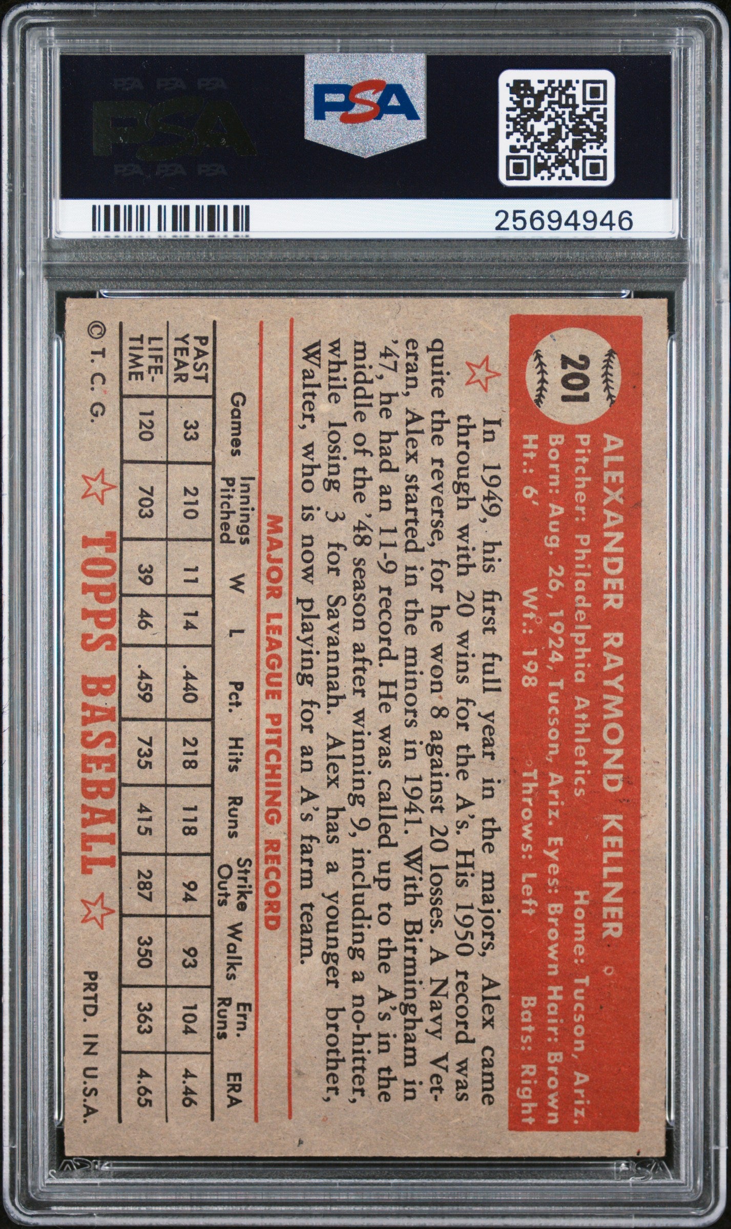 1952 Topps Alex Kellner #201 PSA 7