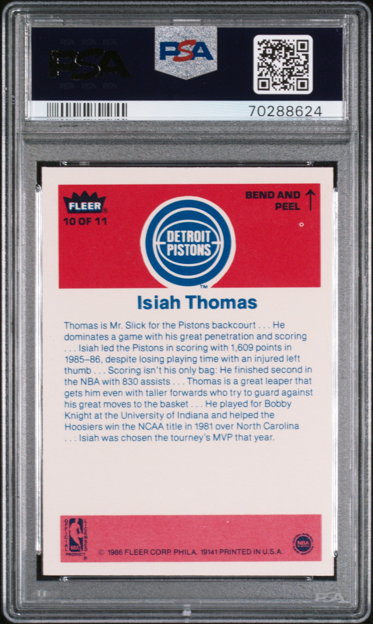 1986 Fleer Sticker Isiah Thomas #10 PSA 9