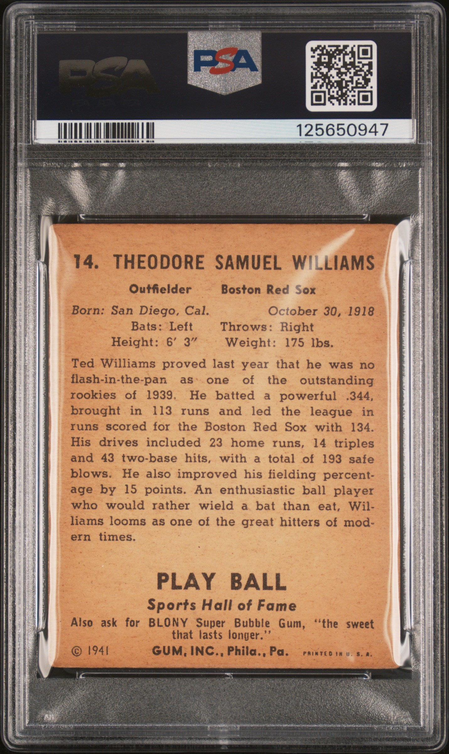 1941 Play Ball Ted Williams #14 PSA 2.5