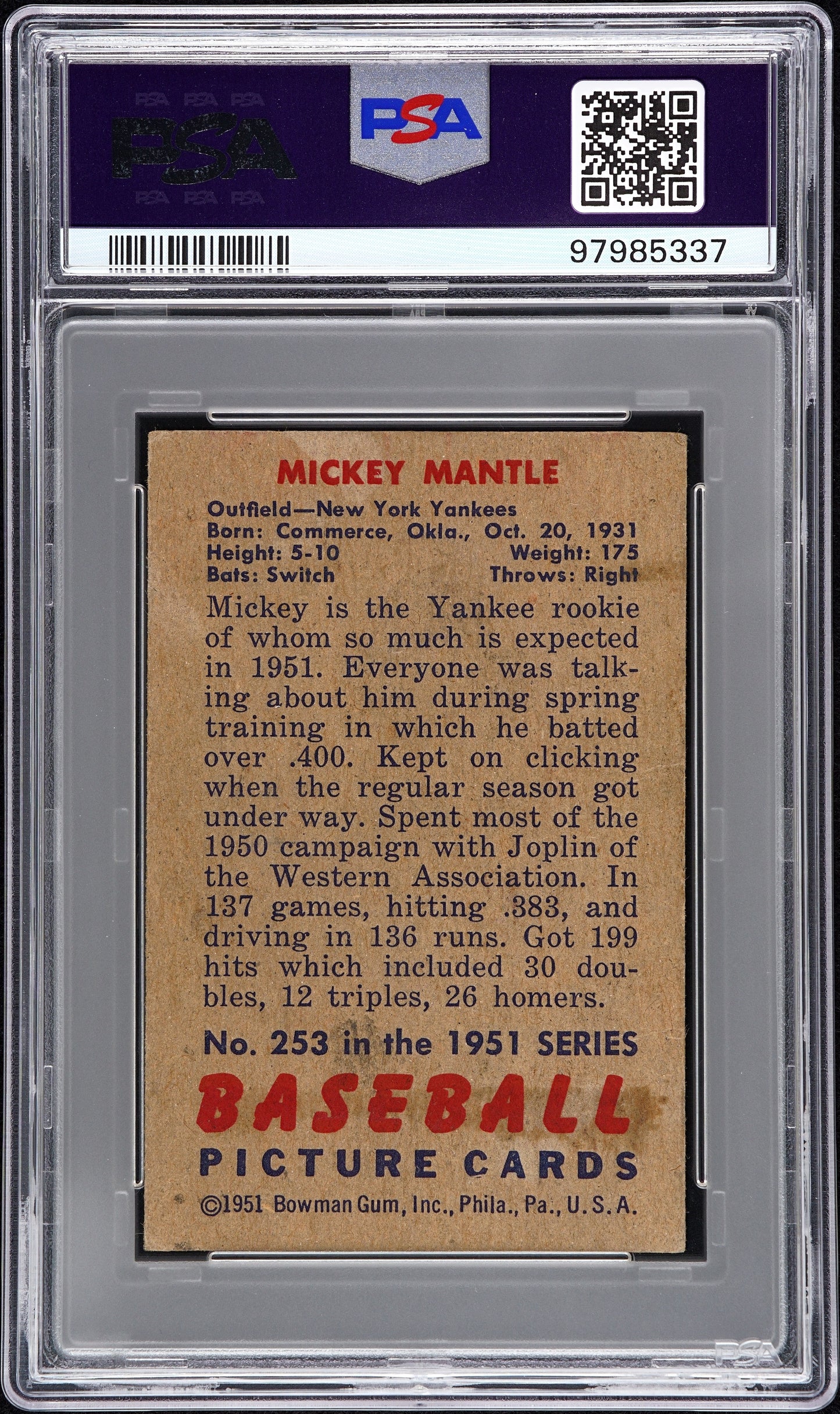 1951 Bowman Mickey Mantle #253 PSA 3