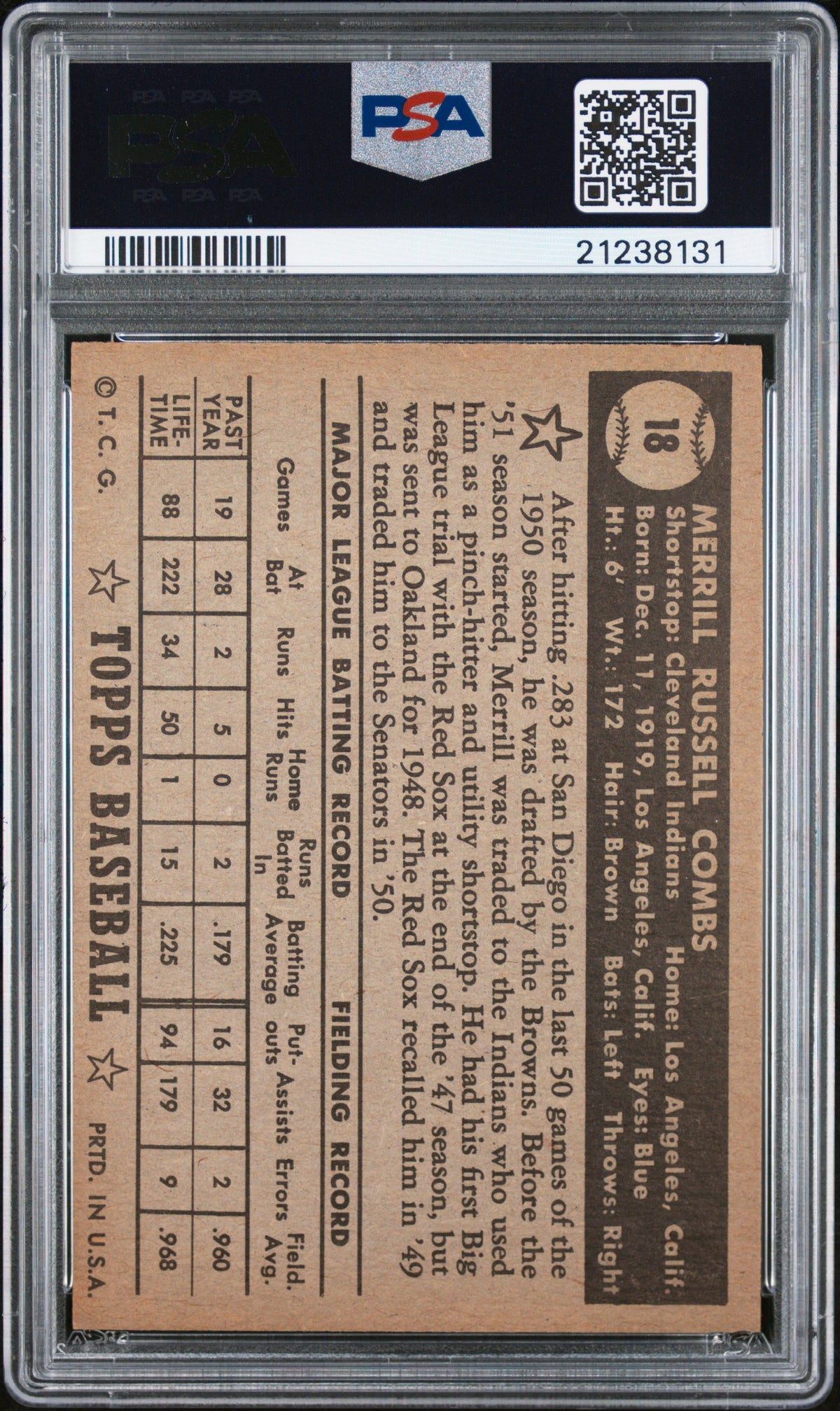 1952 Topps Merrill Combs #18 Black Back PSA 7