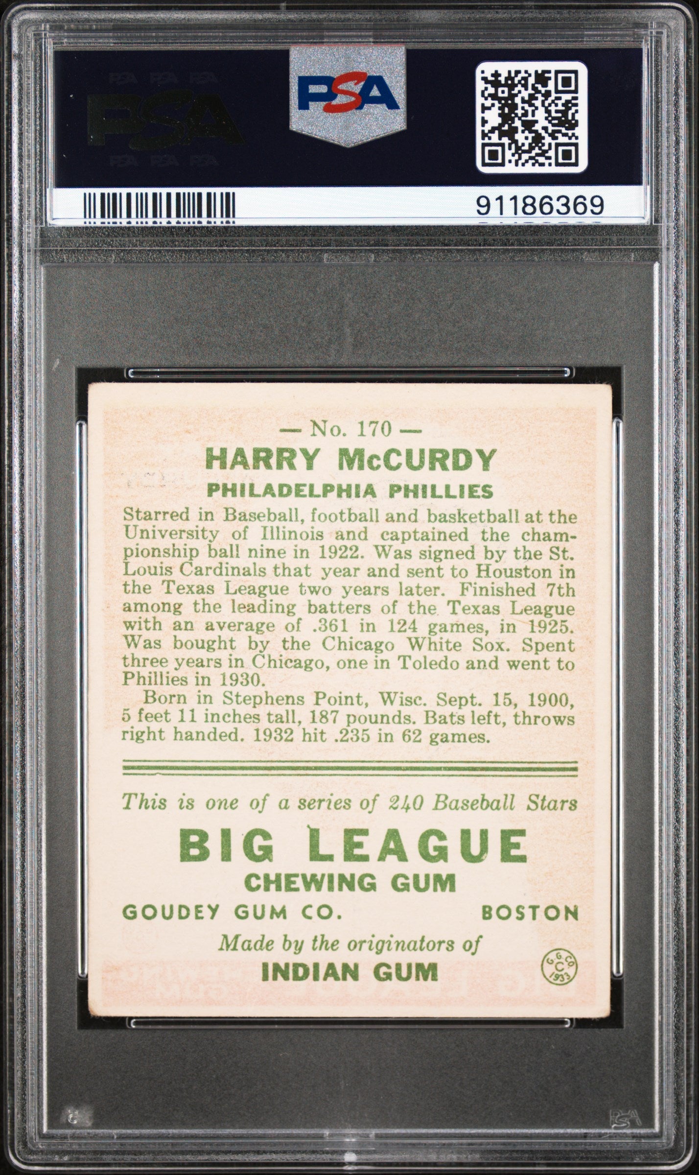 1933 Goudey Harry Mccurdy #170 PSA 2