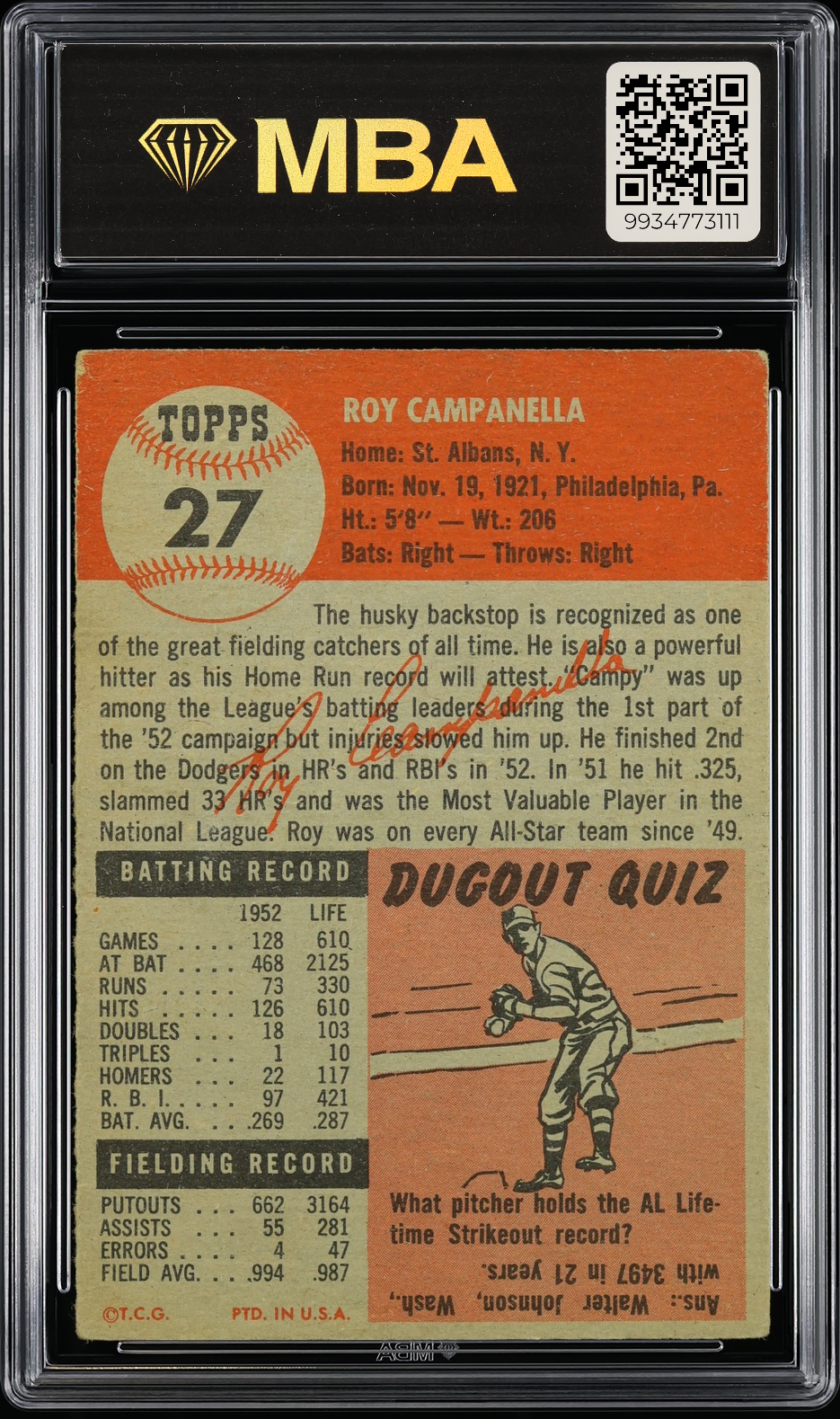 1953 Topps Roy Campanella #27 MBA 3.5
