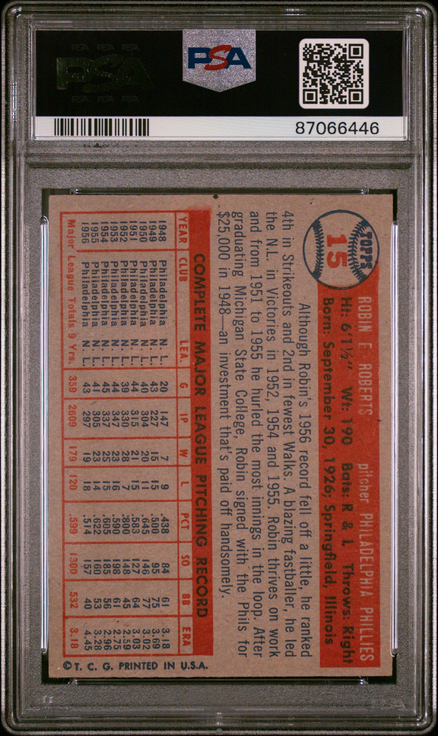 1957 Topps Robin Roberts #15 PSA 7