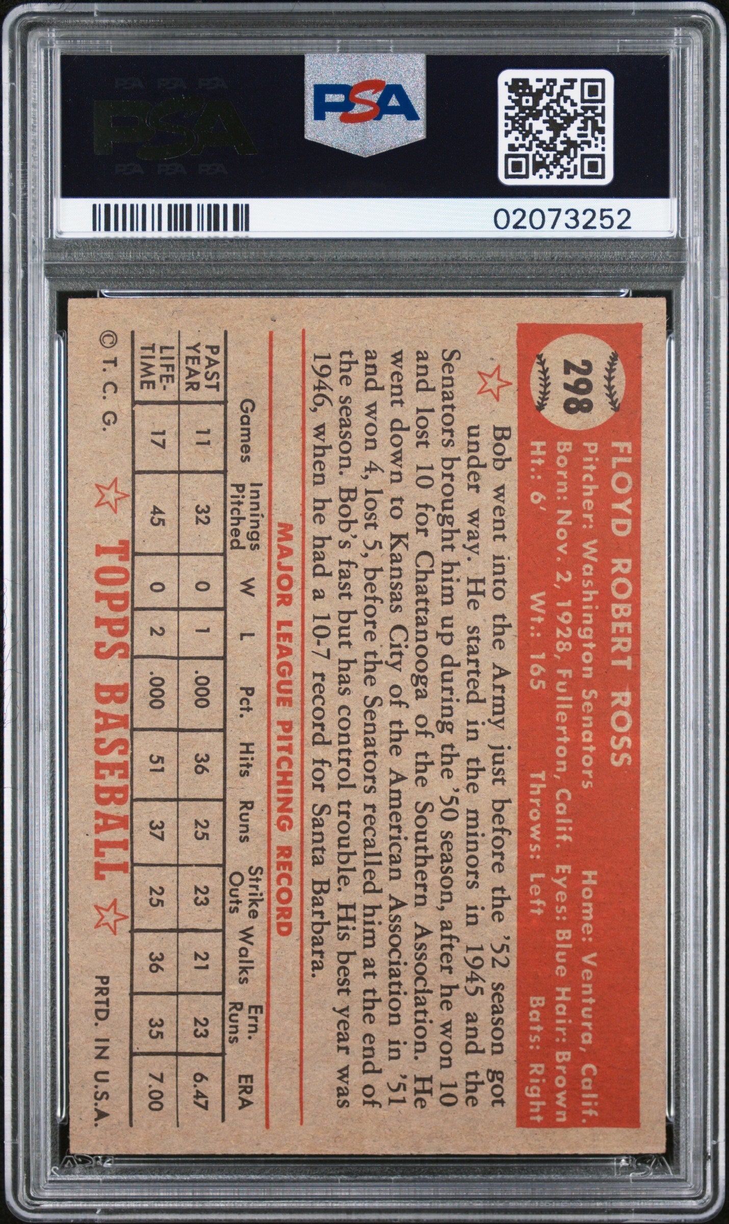 1952 Topps Bob Ross #298 PSA 7