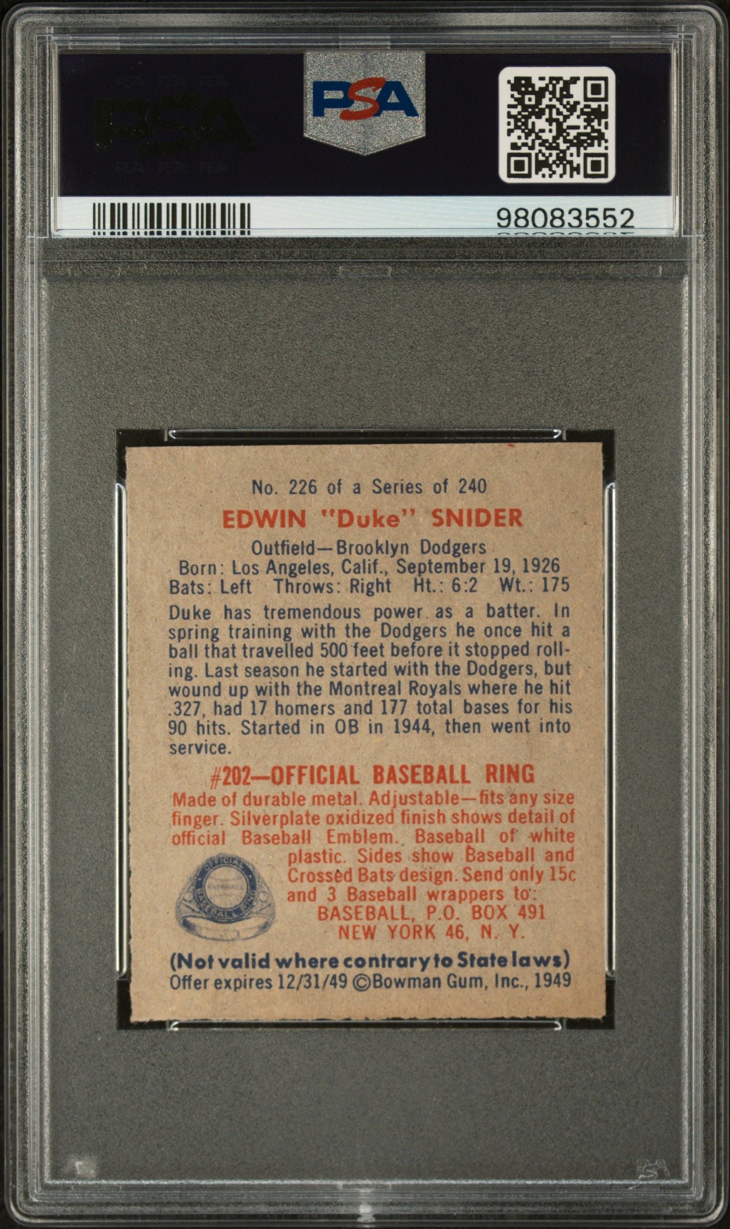 1949 BOWMAN EDWIN SNIDER #226 PSA 7