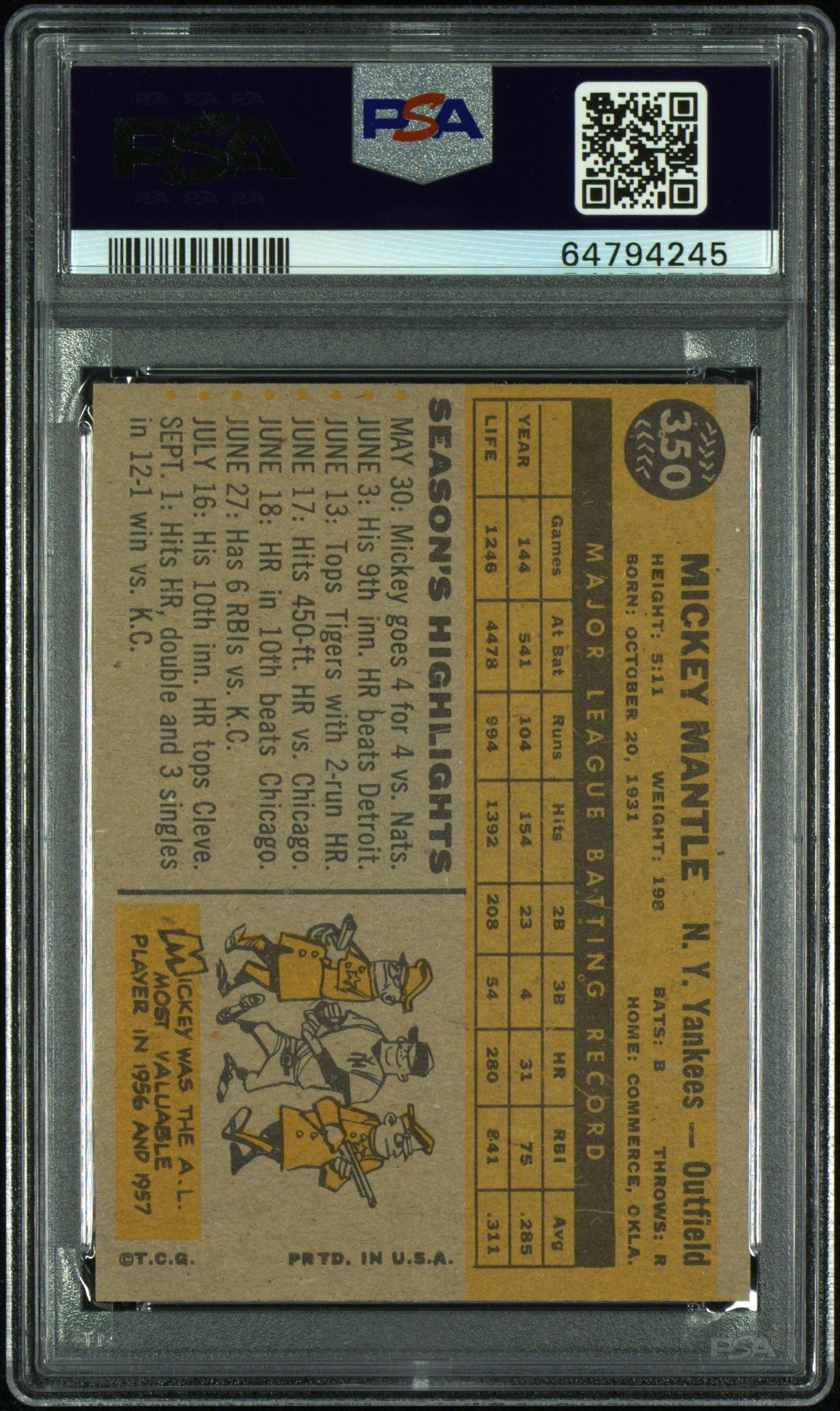 1960 TOPPS MICKEY MANTLE #350 PSA 6