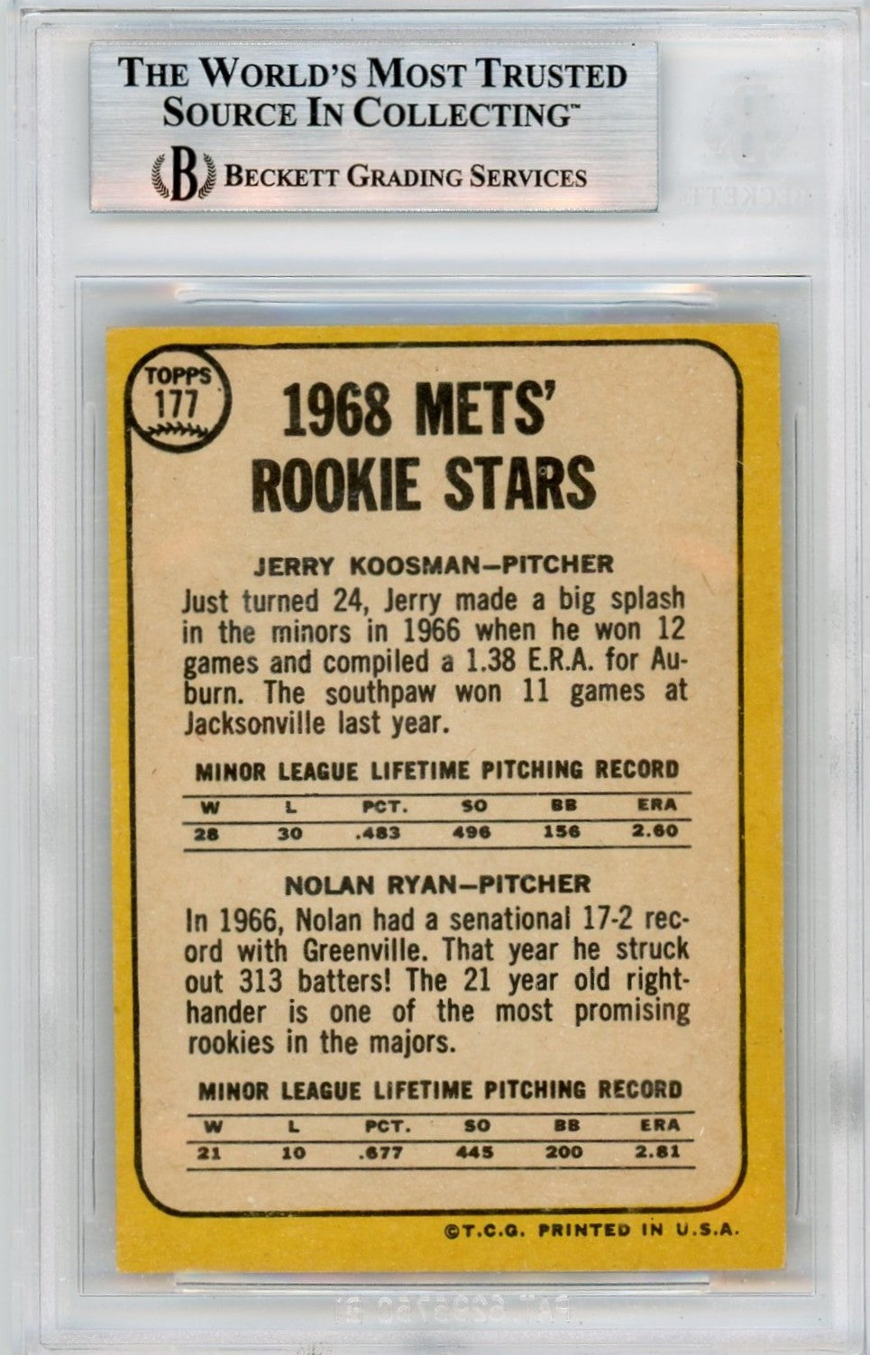 1968 Topps Milton Bradley Nolan Ryan Jerry Koosman #177 BVG 7.5 /Nolan