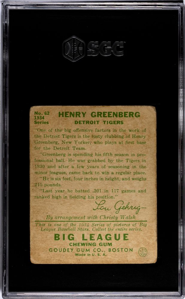 1934 GOUDEY HENRY GREENBERG #62 SGC 1.5