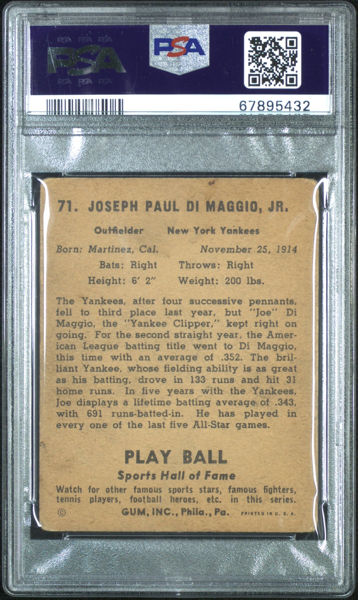 1941 PLAY BALL JOE DIMAGGIO #71 PSA 1