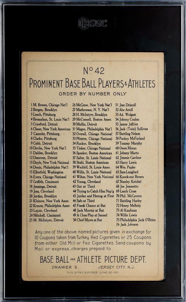 1910-11 CY YOUNG T3 TURKEY RED CHECKLIST BACK (OFFER) #42 SGC 4.5