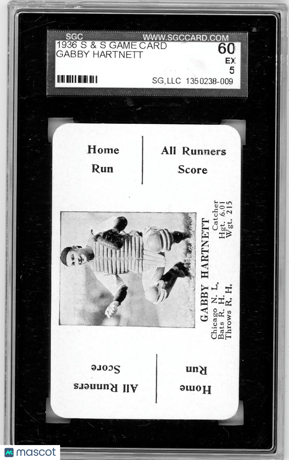 1936 S & S Game Card Gabby Hartnett SGC 5