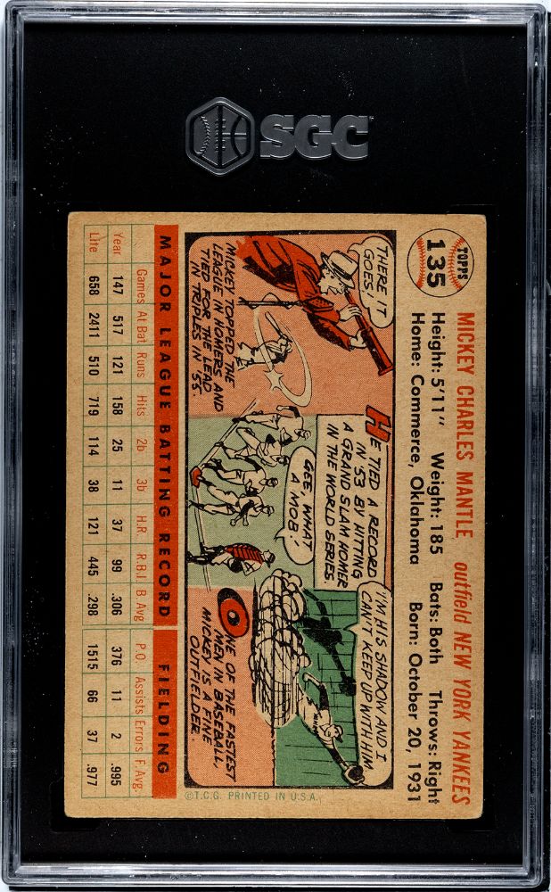 1956 TOPPS MICKEY MANTLE WHITE BACK #135 SGC 1.5