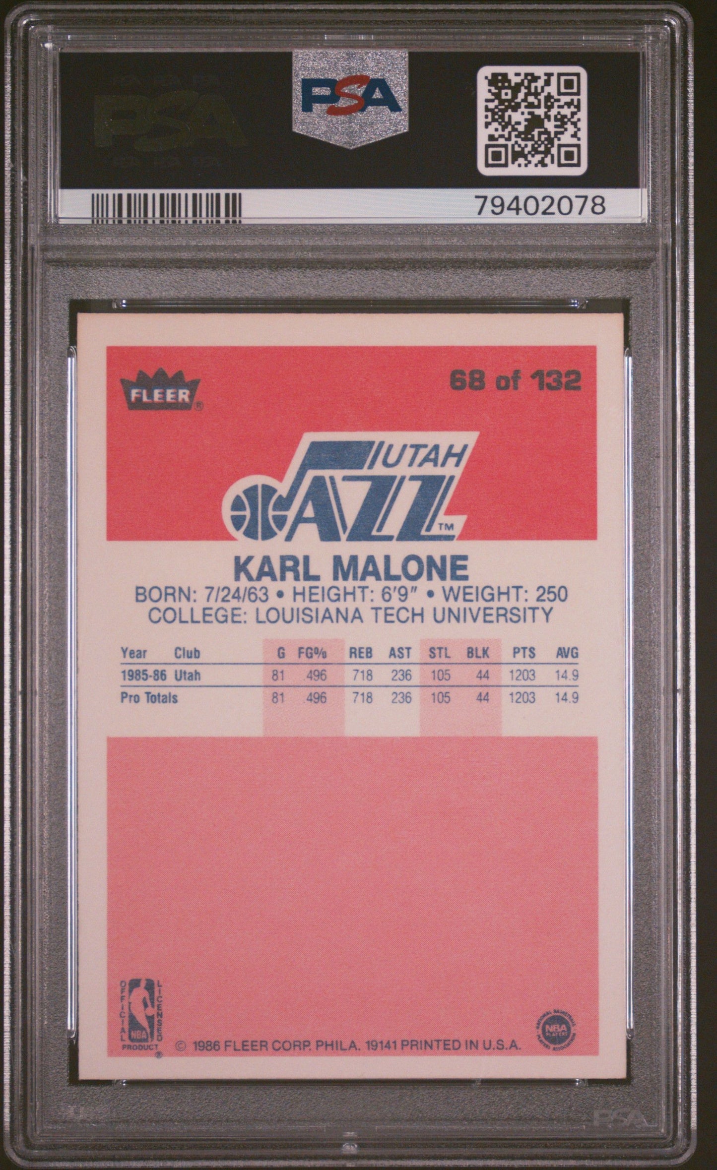 1986 FLEER KARL MALONE #68 PSA 9