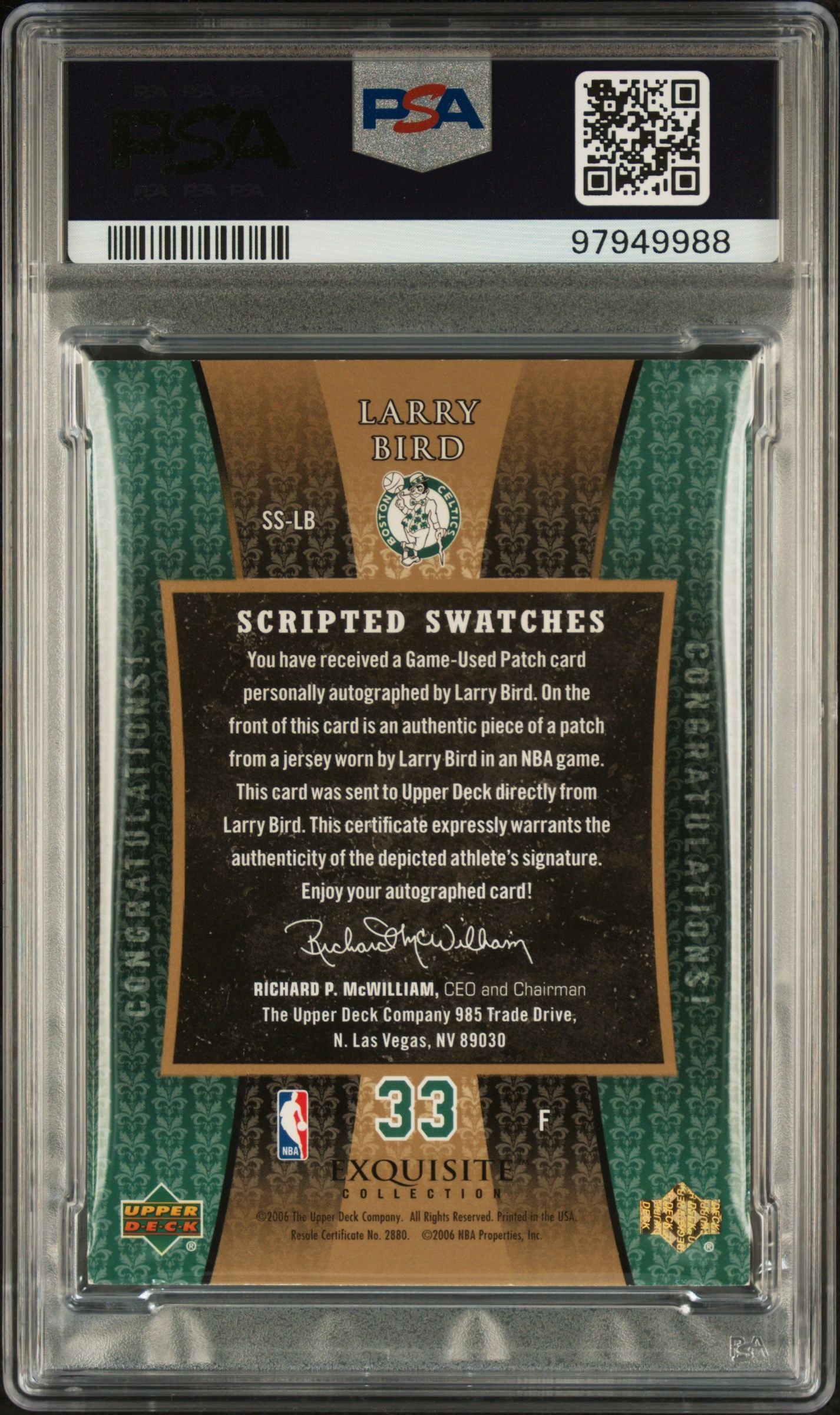 2005 LARRY BIRD UD EXQUISITE COLLECTION SCRIPTED SWATCHES #SS-LB PSA 5