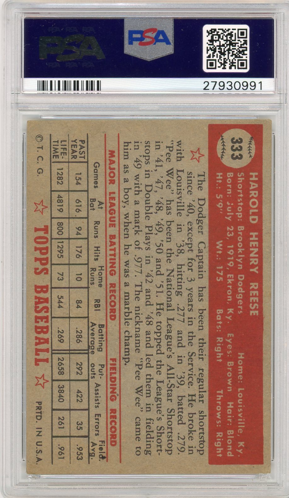 1952 Topps Pee Wee Reese #333 PSA 5