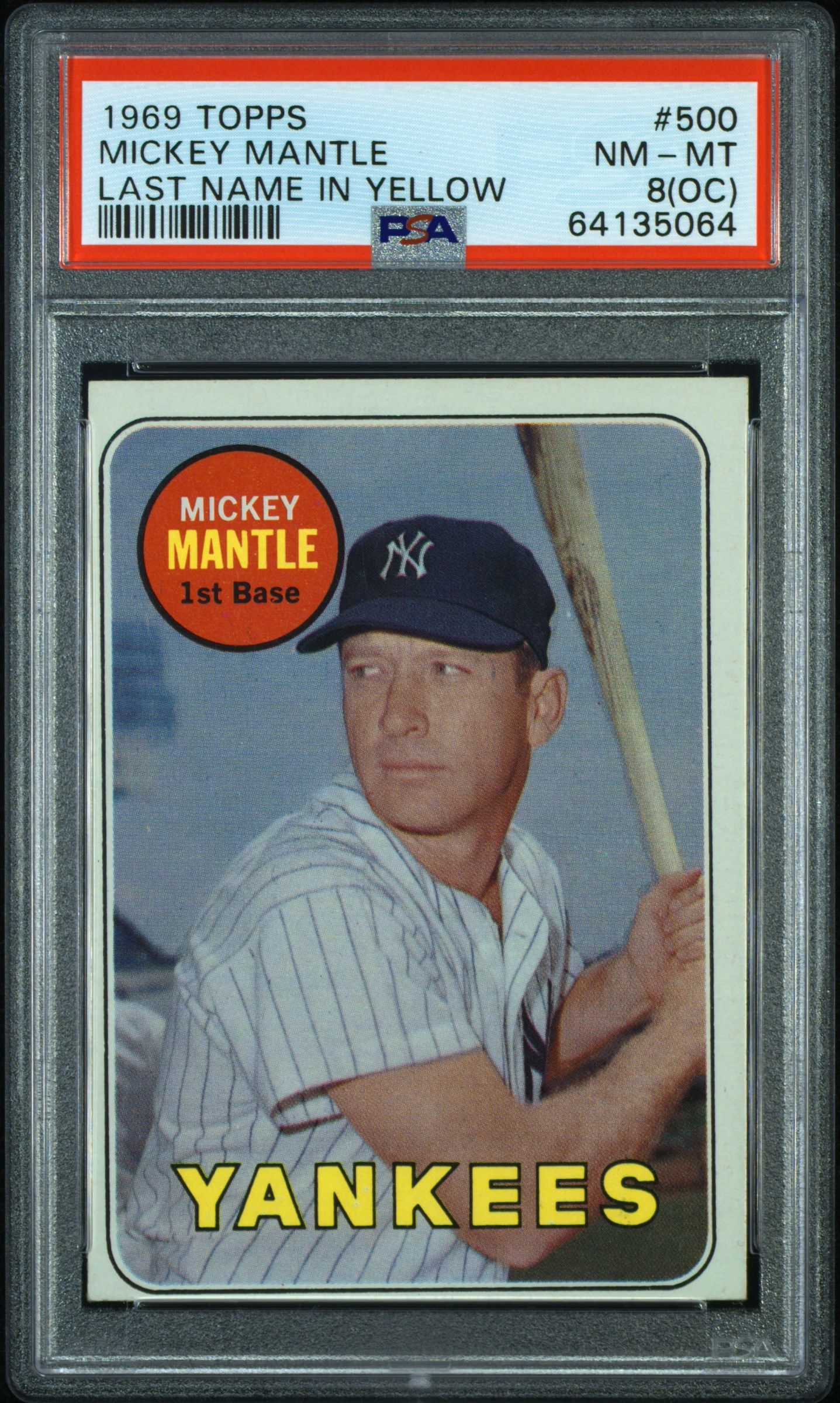 1969 TOPPS MICKEY MANTLE LAST NAME IN YELLOW #500 PSA 8