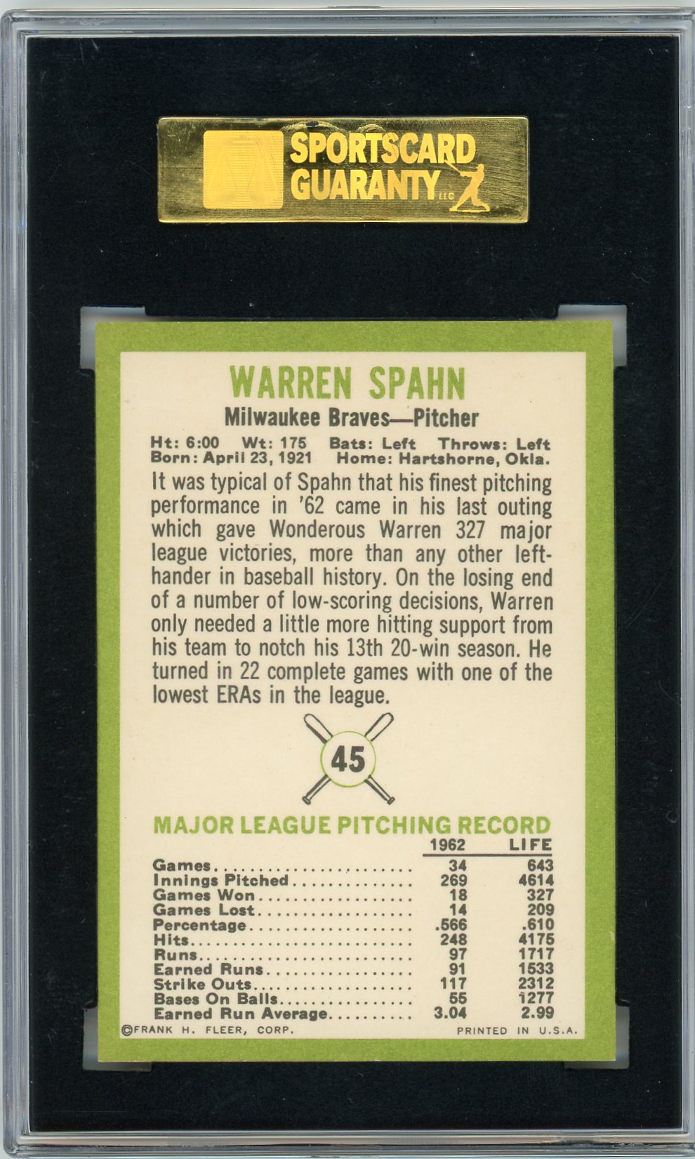 1963 Fleer Warren Spahn #45 SGC 9