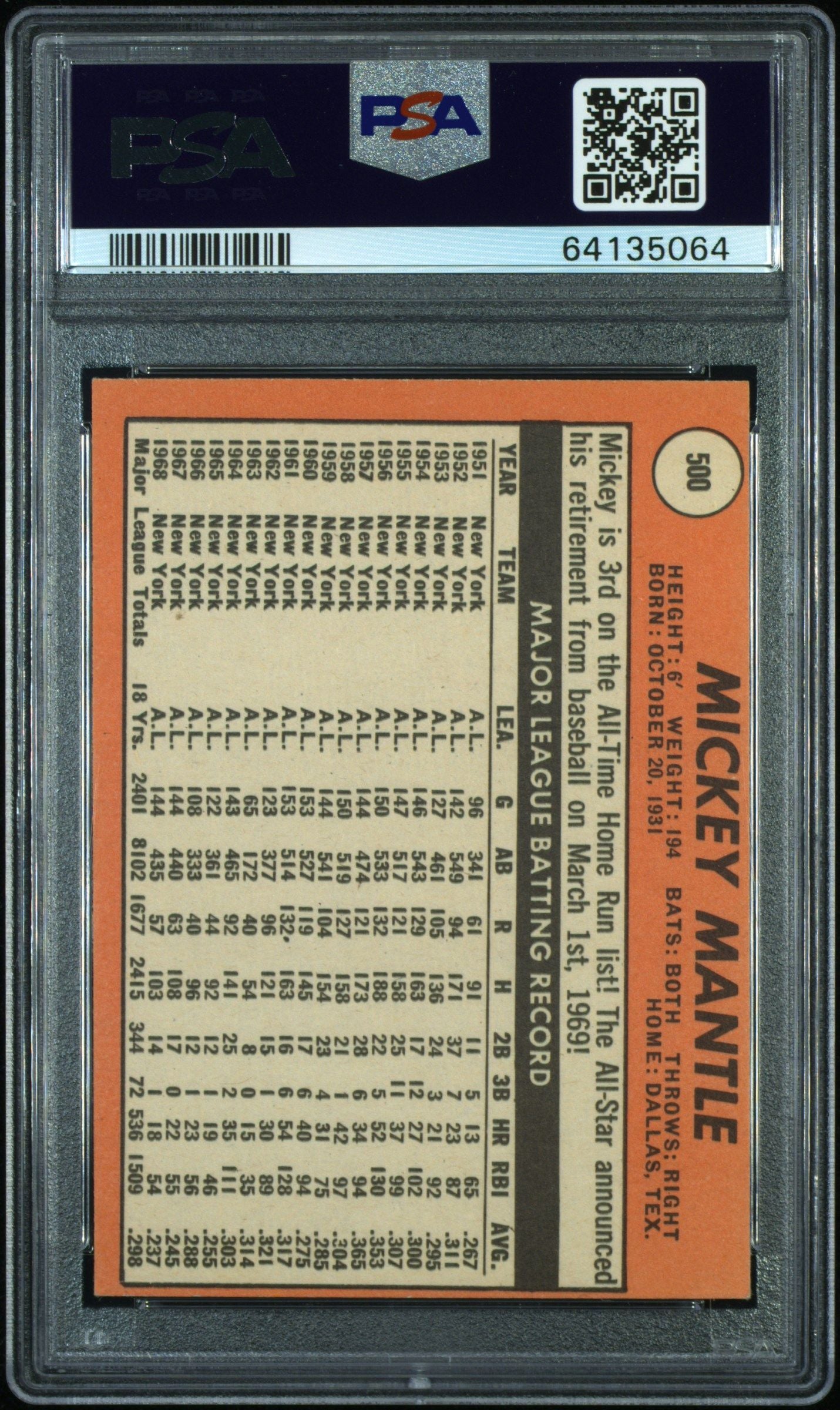 1969 TOPPS MICKEY MANTLE LAST NAME IN YELLOW #500 PSA 8