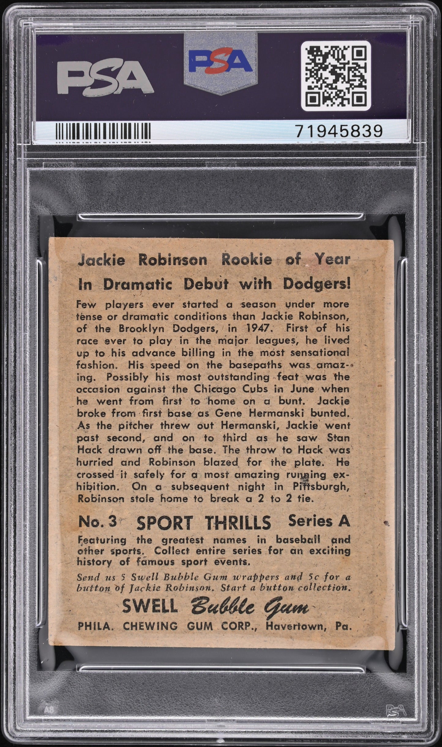 1948 DRAMATIC DEBUT SWELL SPORTS THRILLS JACKIE ROBINSON #3 PSA 5