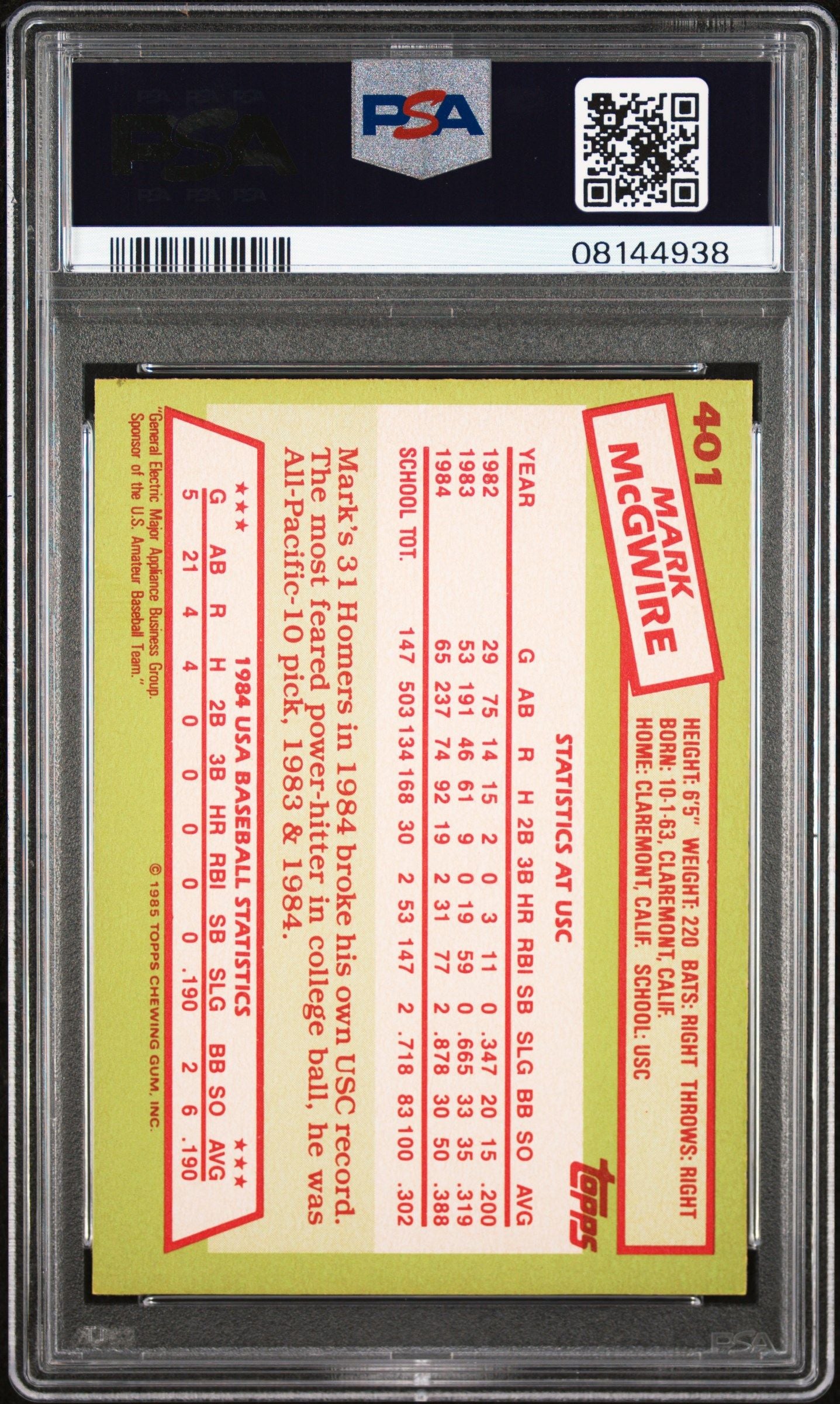 1985 TOPPS MARK MCGWIRE TIFFANY 84 USA BASEBALL TEAM #401 PSA 9