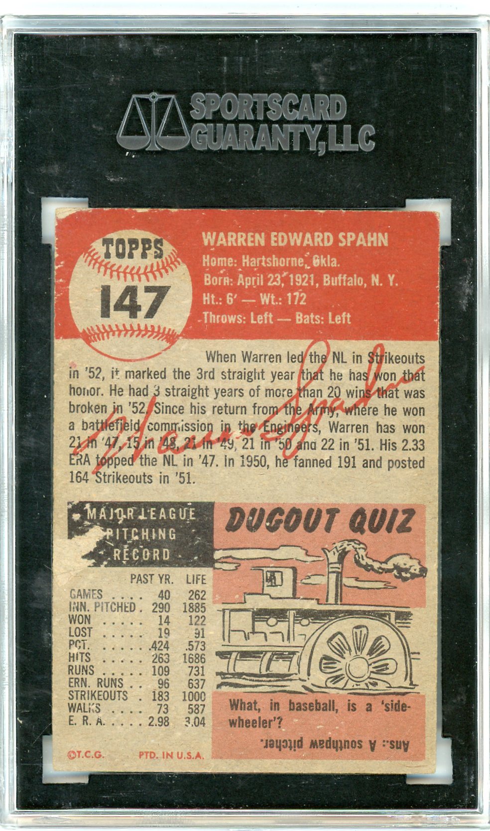 1953 Topps Warren Spahn #147 SGC 2