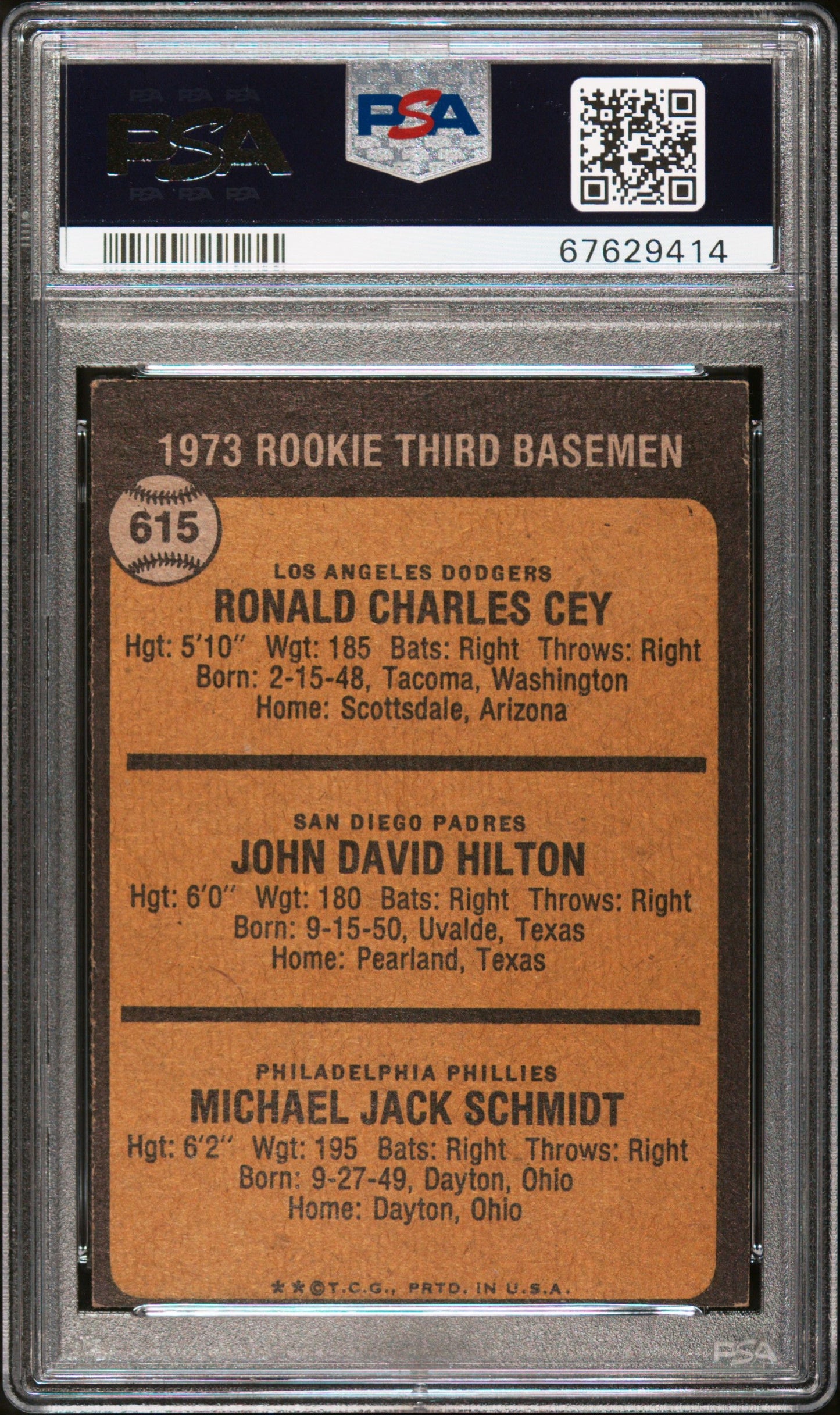 1973 TOPPS ROOKIE 3RD BASEMEN CEY/HILTON/SCHMIDT #615 PSA 4