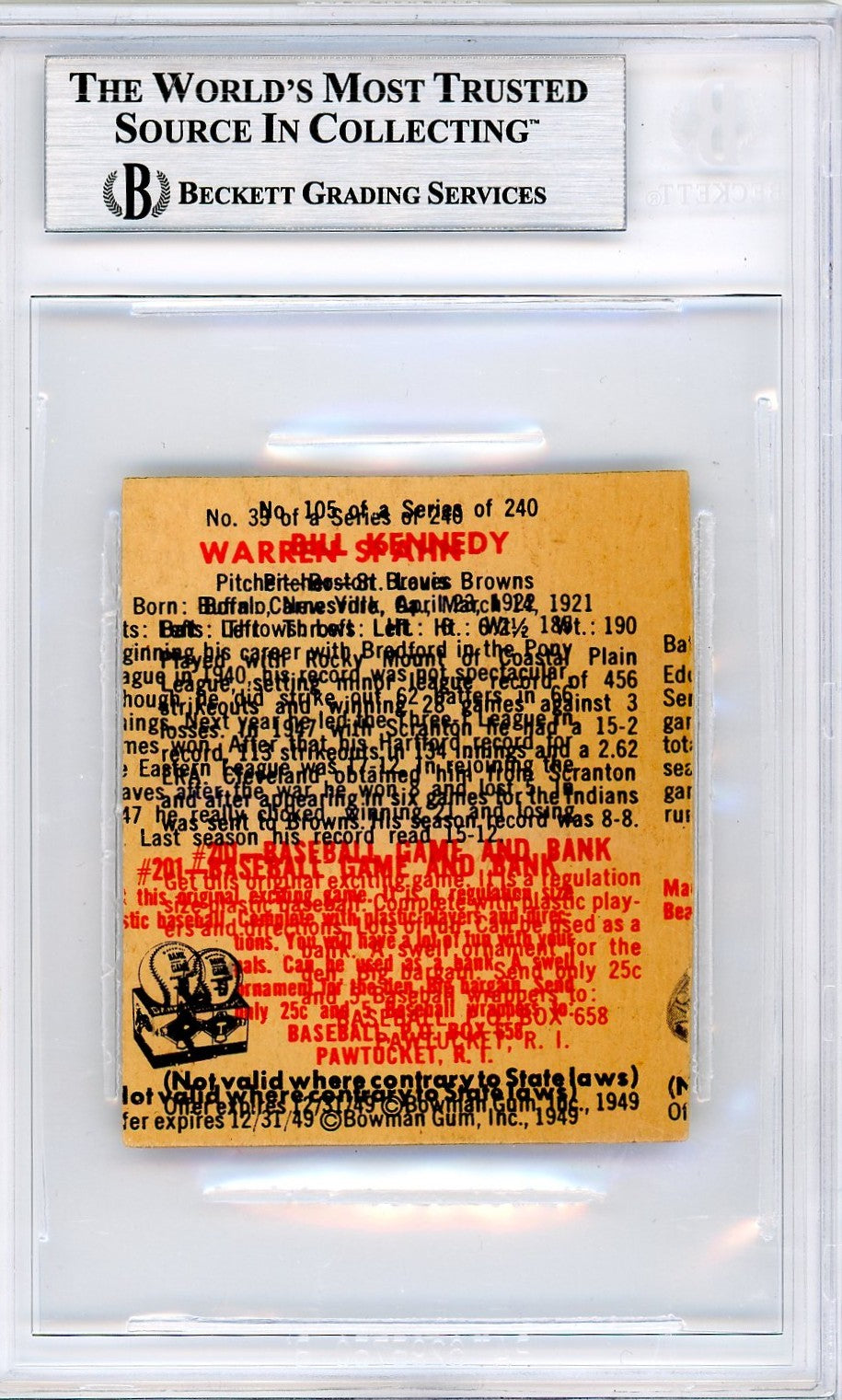 1949 Bowman Warren Spahn #33 BVG Authentic