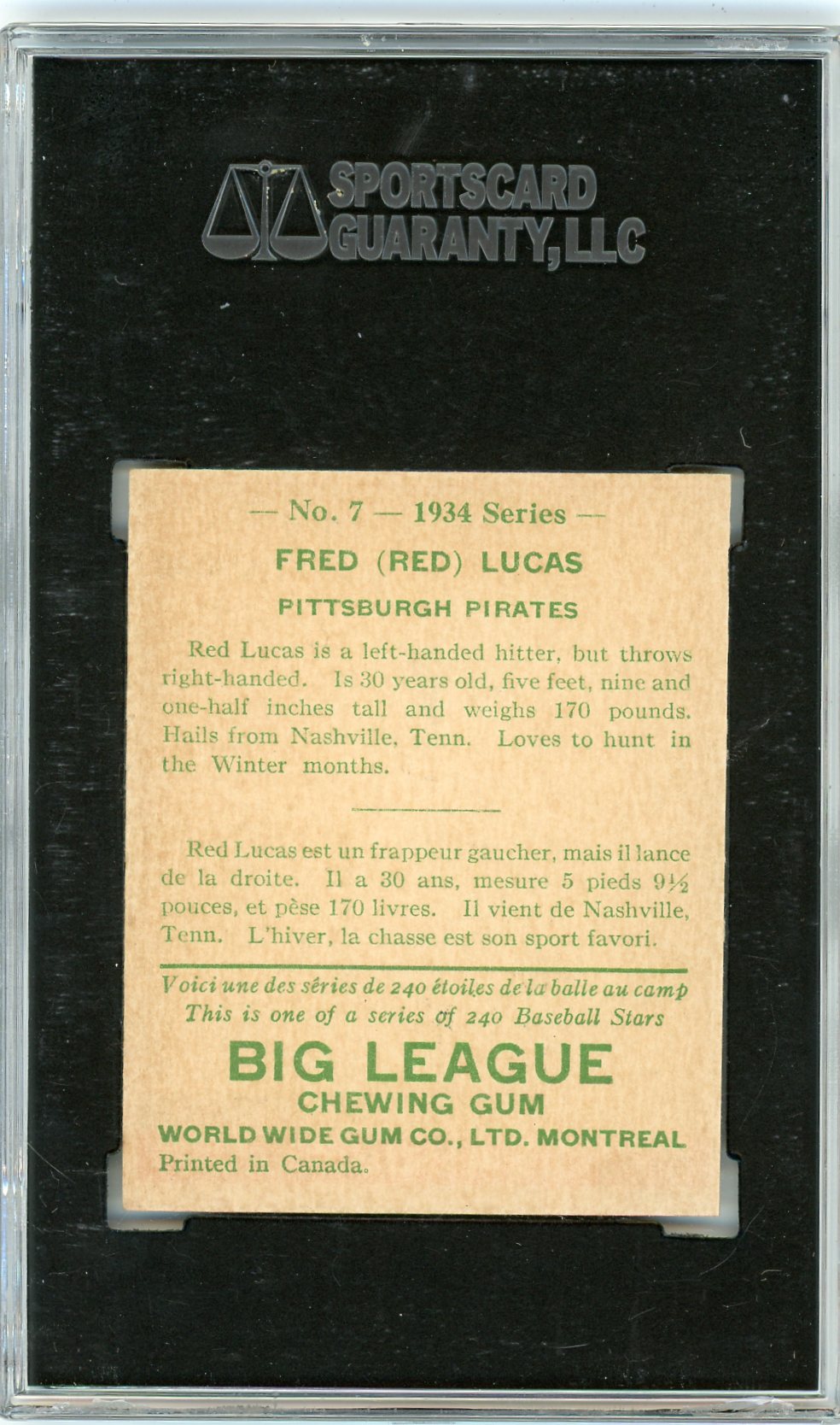 1934 World Wide Gum Co. Fred (Red) Lucas #7 SGC 5.5