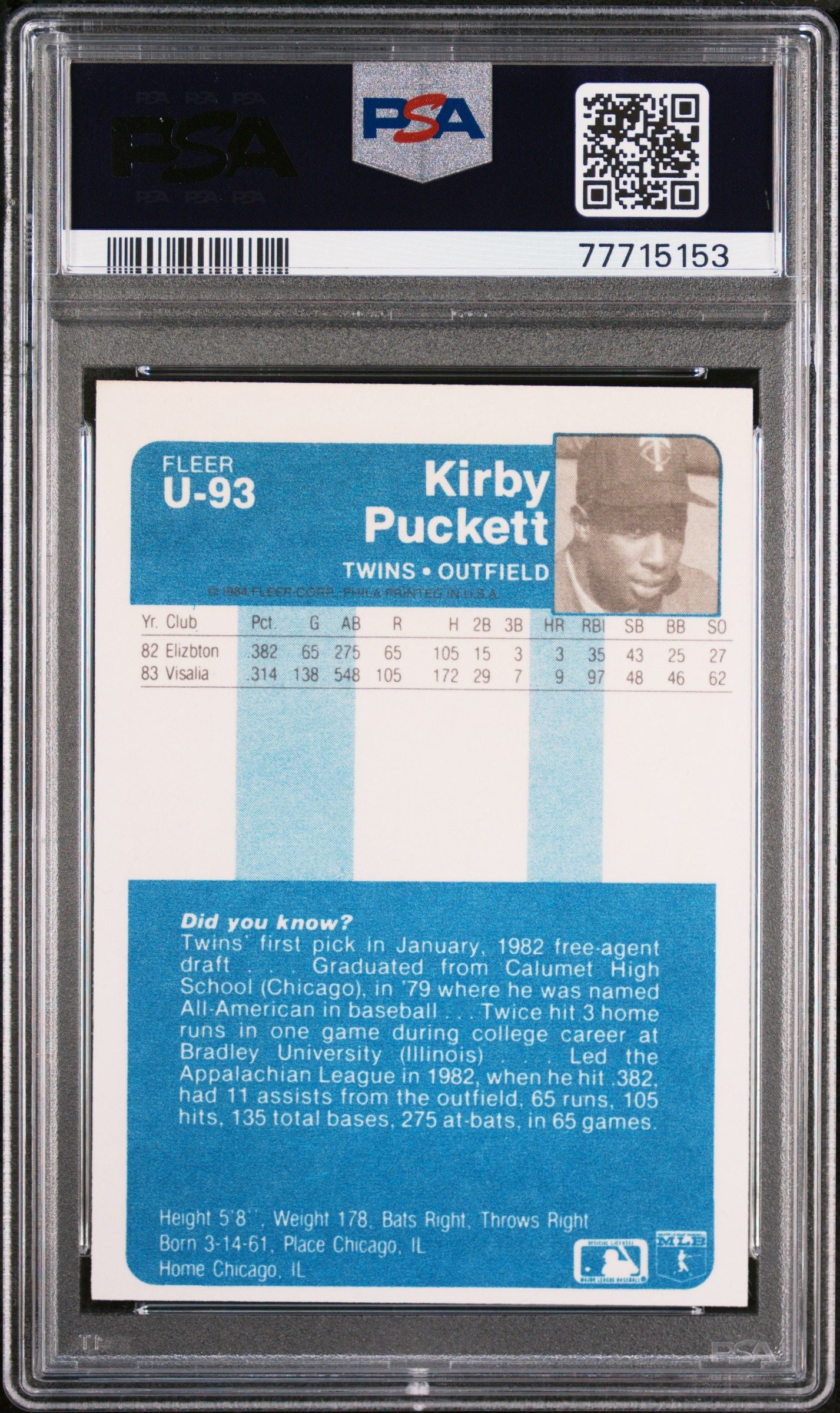 1984 FLEER KIRBY PUCKETT UPDATE #U-93 PSA 9