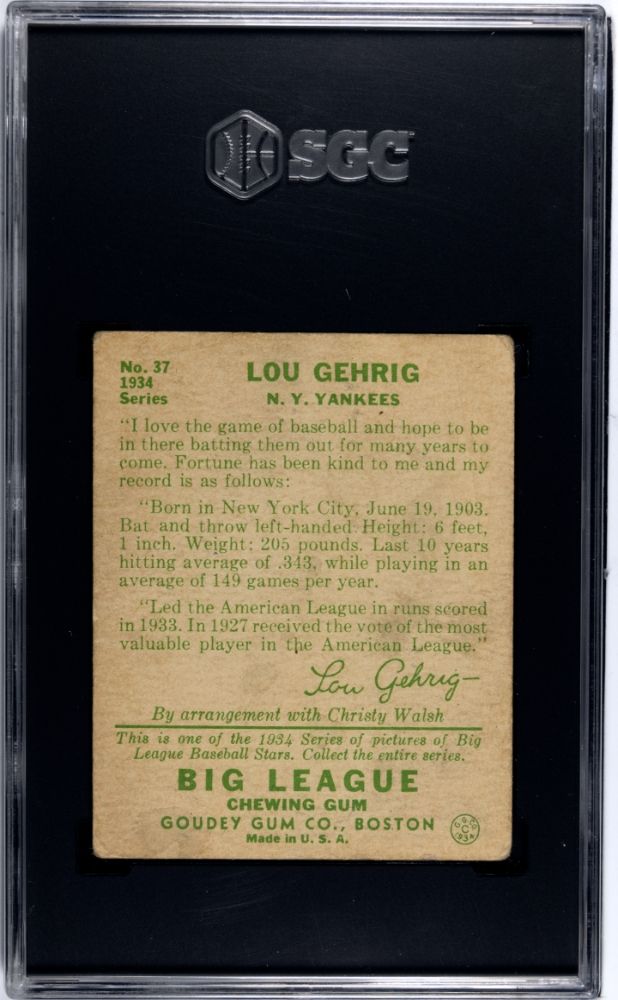 1934 GOUDEY LOU GEHRIG #37 SGC 2