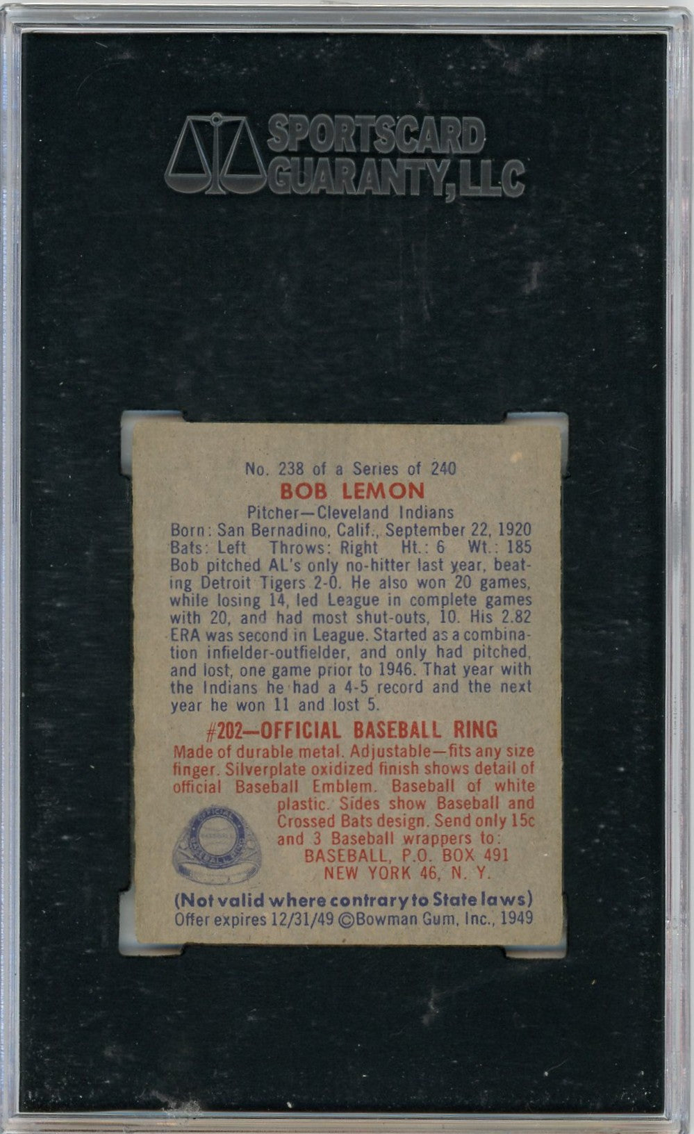 1949 Bowman Bob Lemon #238 SGC 5