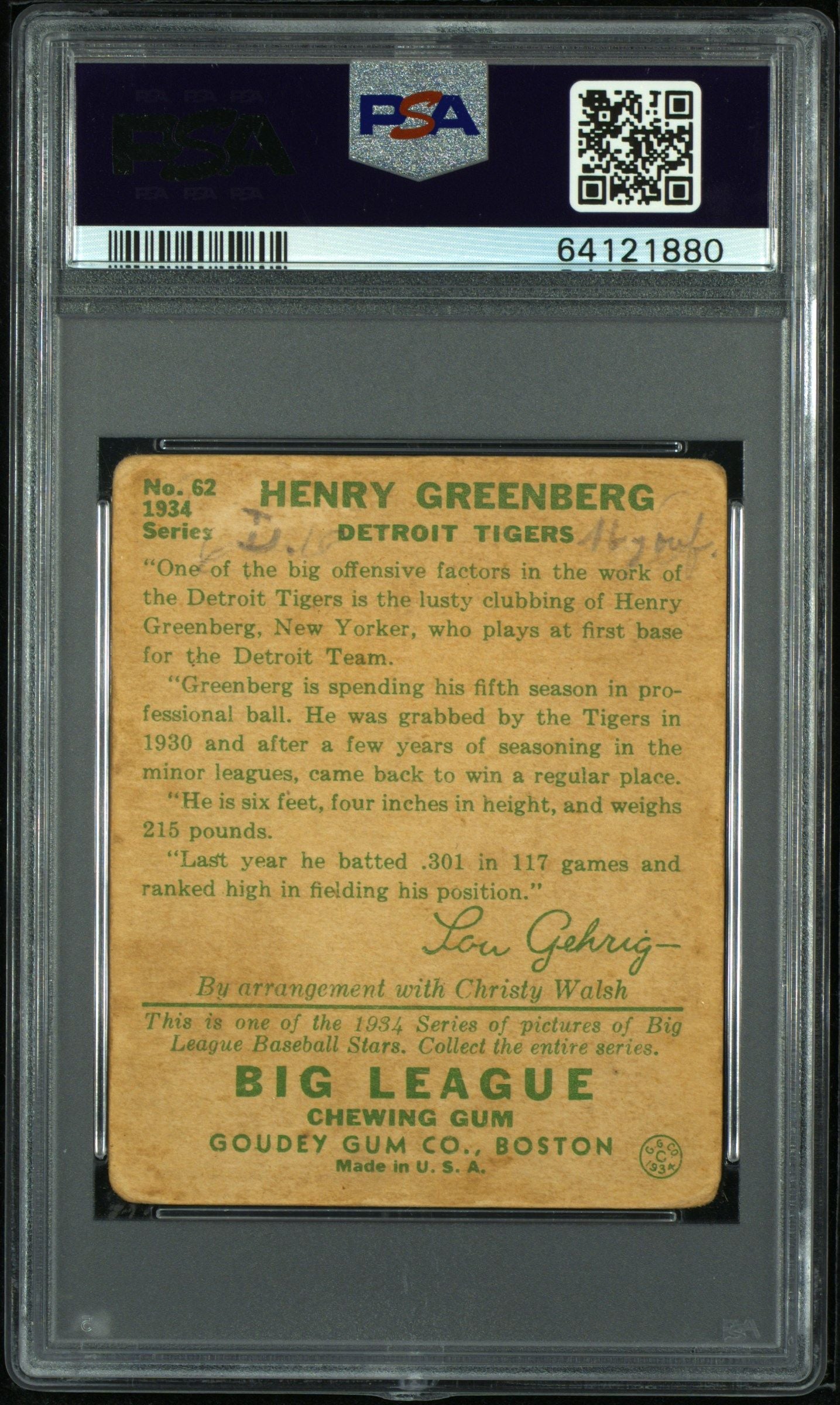 1934 GOUDEY HANK GREENBERG #62 PSA 1.5