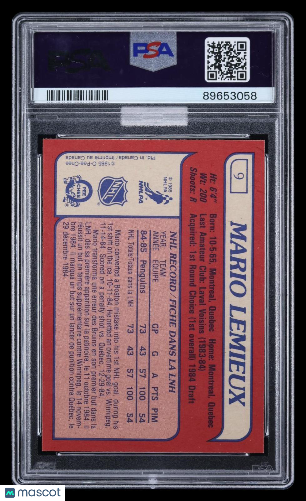 1985 O-Pee-Chee Mario Lemieux #9 MBA 9 MBA Bronze