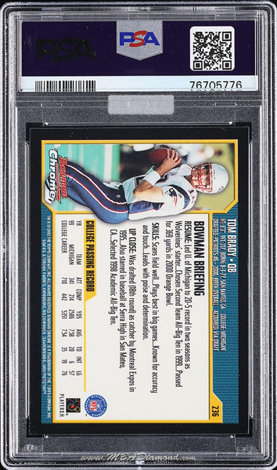 2000 Bowman Chrome Tom Brady #236 PSA 10 MBA Gold