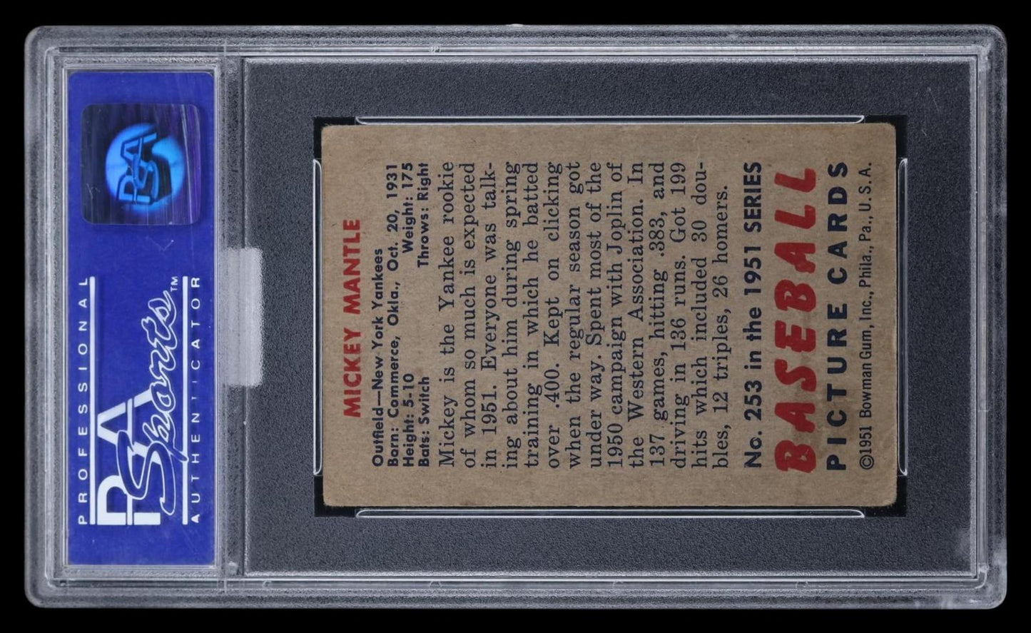 1951 Bowman Mickey Mantle #253 PSA 2 MBA Bronze