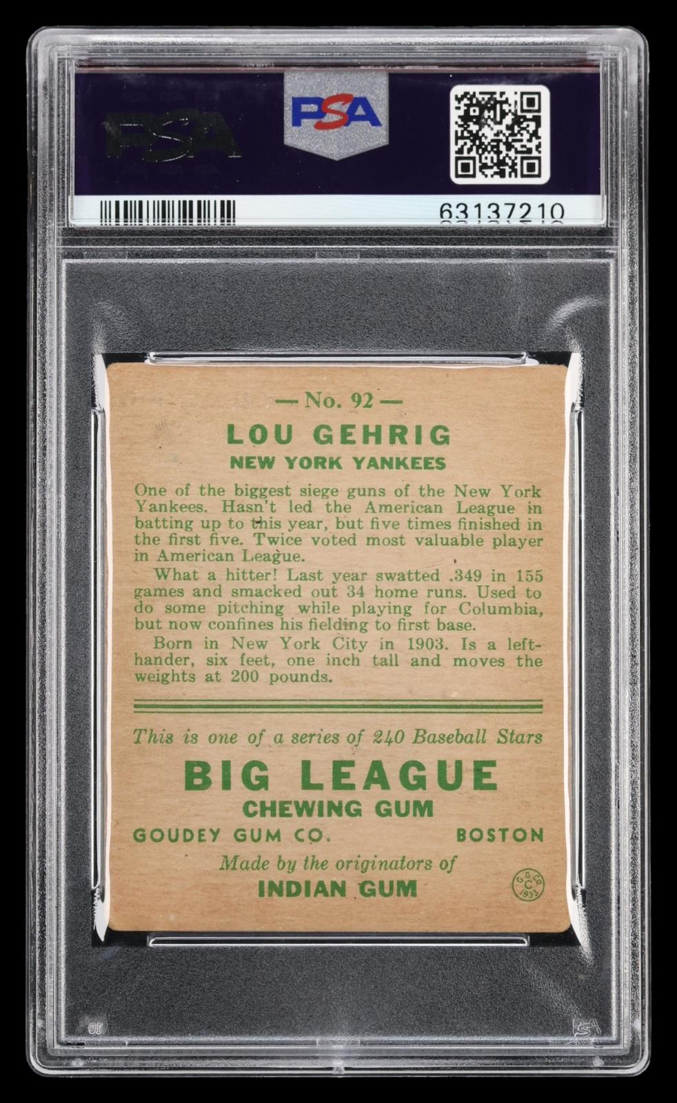 1933 Goudey Lou Gehrig #92 PSA 3 MBA Bronze