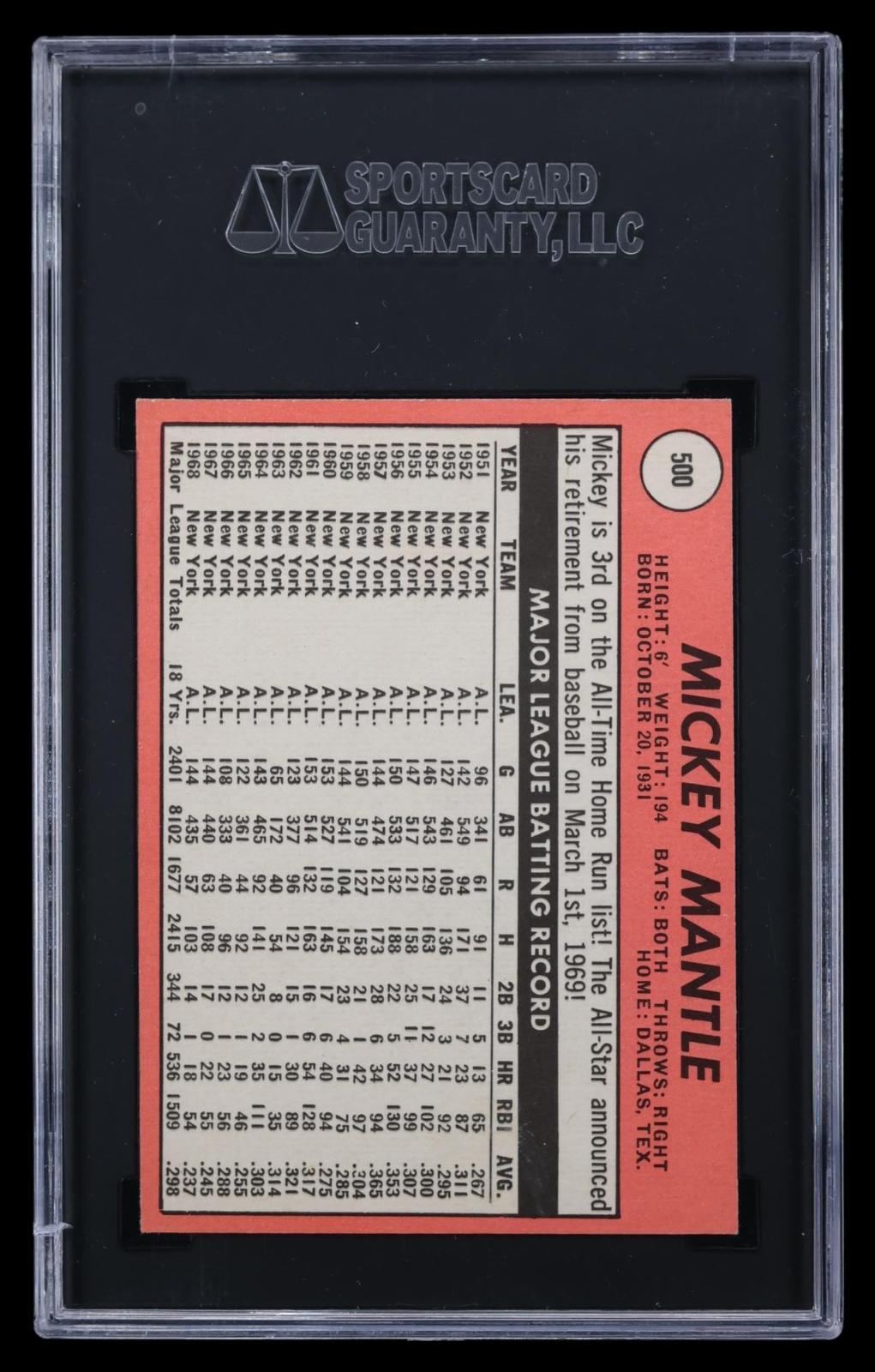 1969 Topps Mickey Mantle #500 SGC 6 MBA Bronze