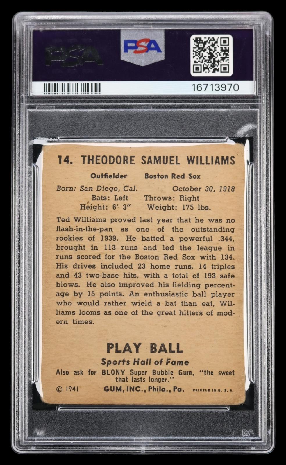 1941 Play Ball Ted Williams #14 PSA 2 MBA Bronze