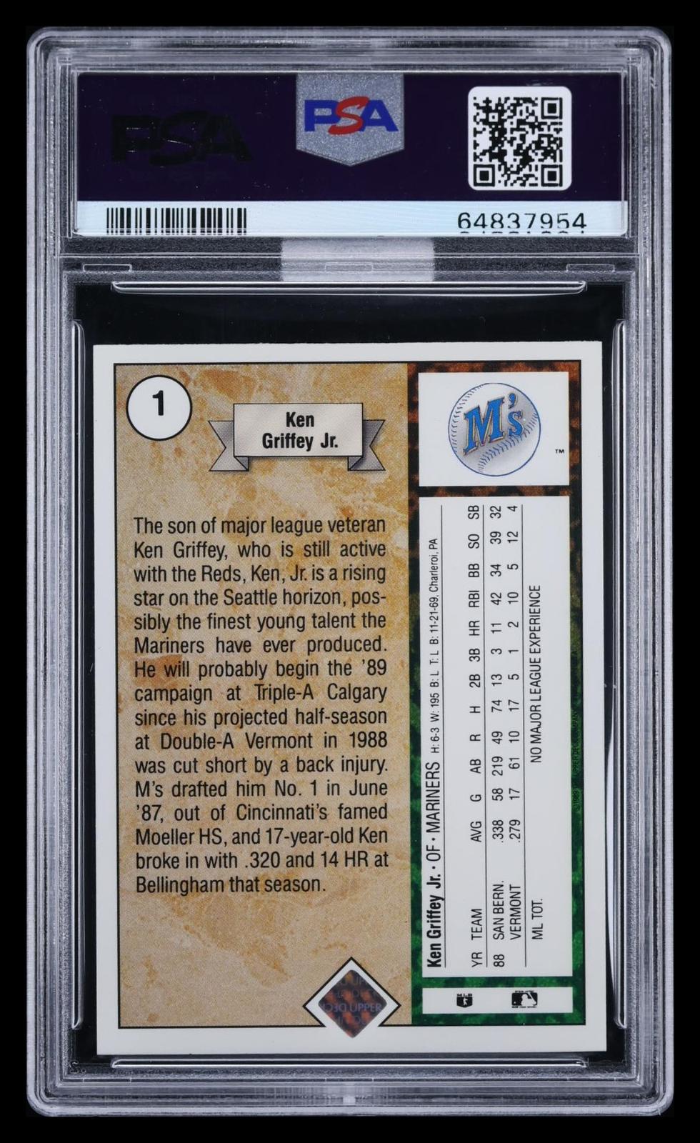 1989 Upper Deck Ken Griffey JR. #1 Star Rookie PSA 9 Auto 10 MBA Silver