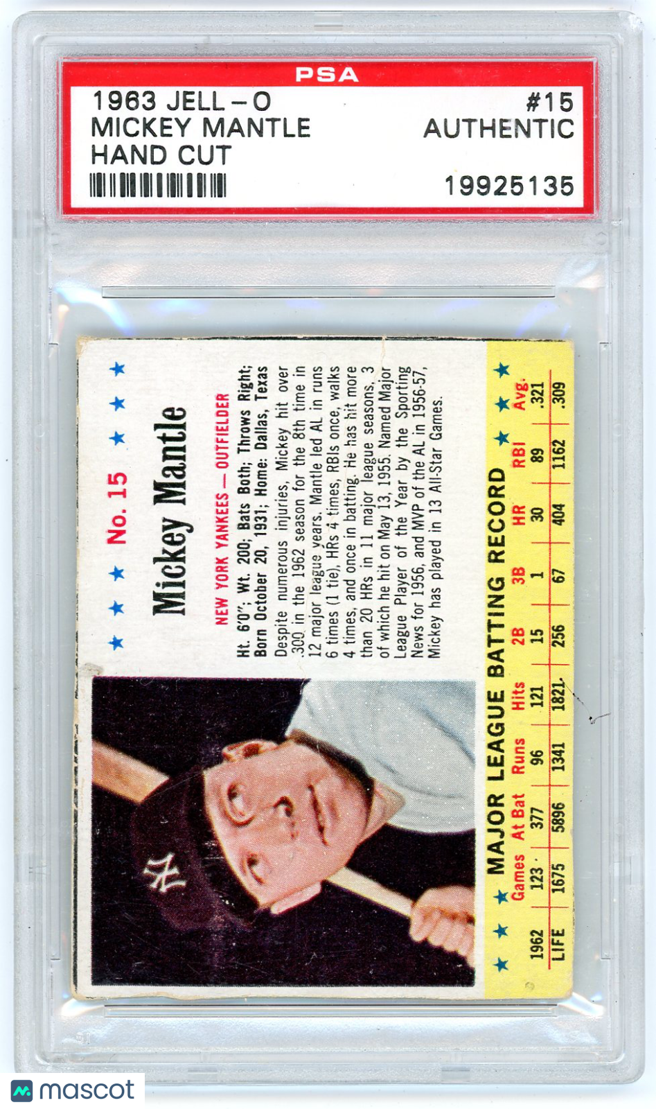 1963 Jell-O Mickey Mantle #15 Hand Cut PSA A