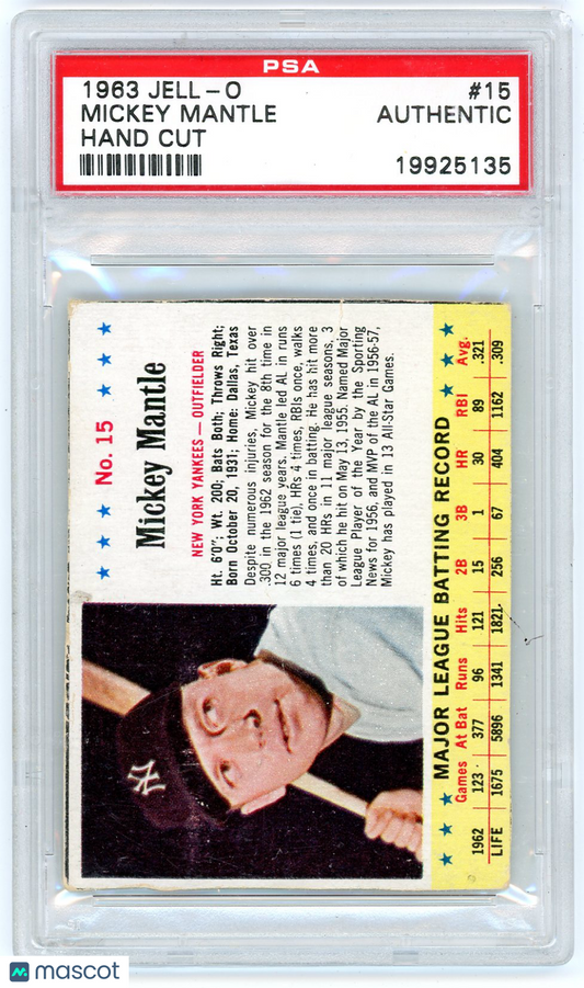 1963 Jell-O Mickey Mantle #15 Hand Cut PSA A