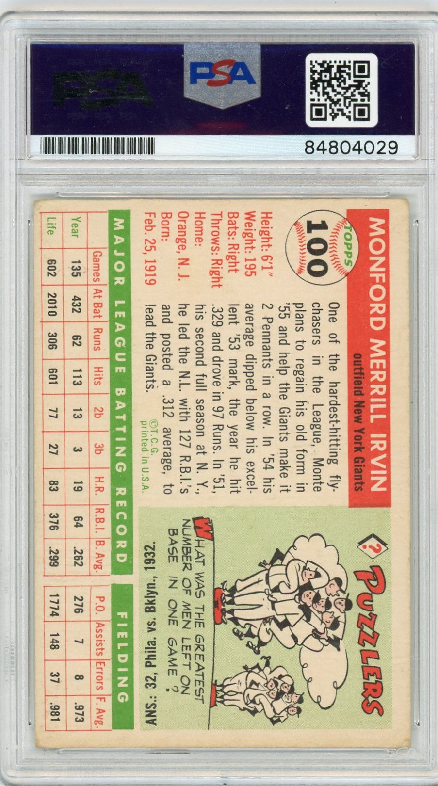 1956 Monte Irvin PSA A Auto A