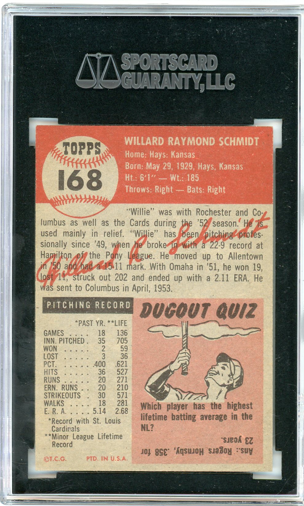 1953 Topps Willard Schmidt #168 SGC 8