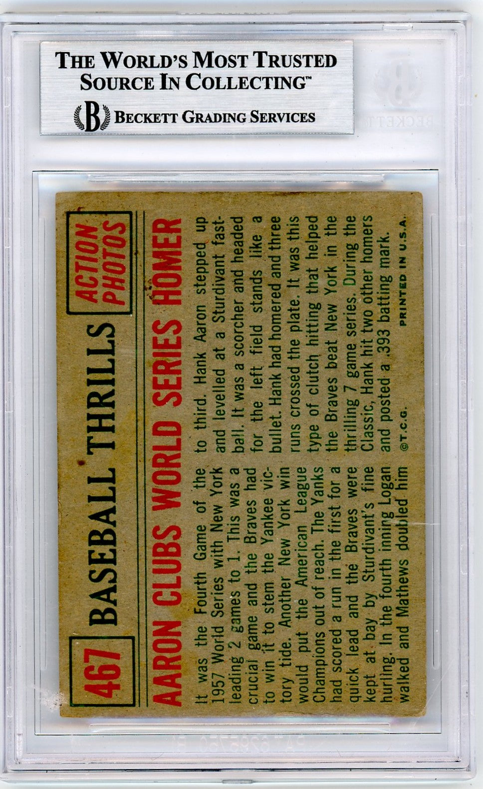 1959 Topps WS Homer Hank Aaron BT #467 BVG Authentic /WS BAS Auto Authentic