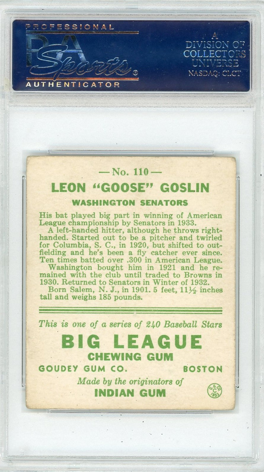 1933 Goudey Goose Goslin #110 PSA 4