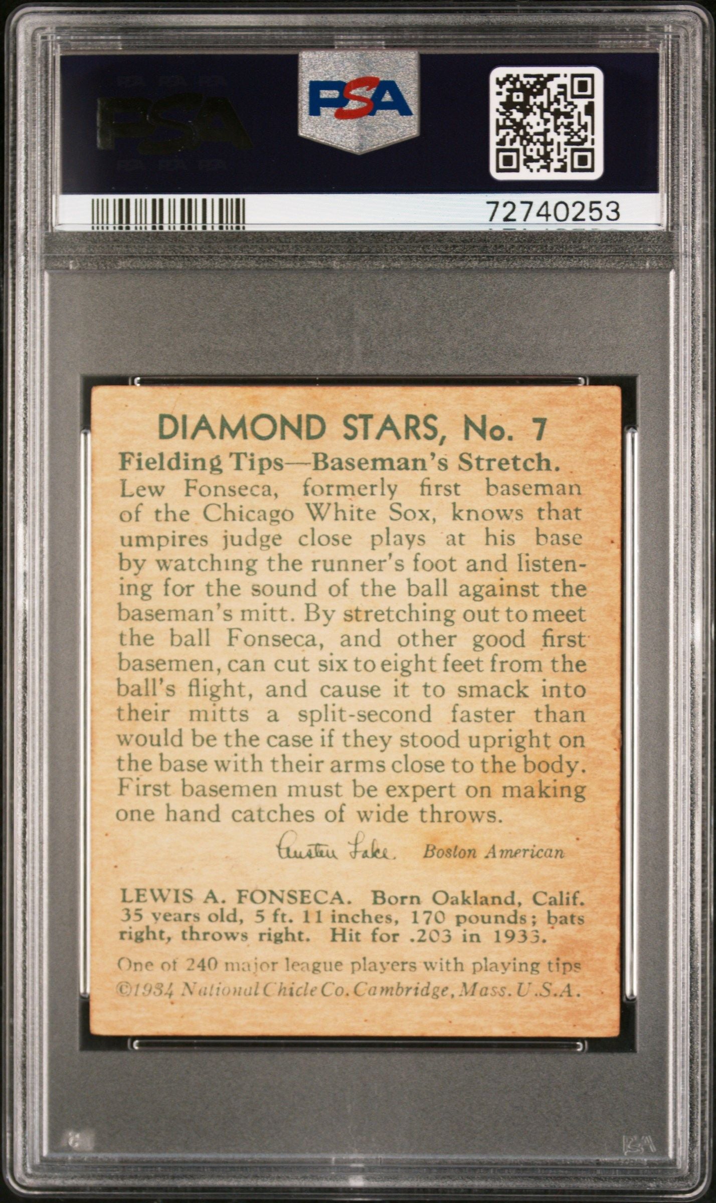 1934 DIAMOND LEW FONSECA STARS 35 YEARS OLD #7 PSA 5