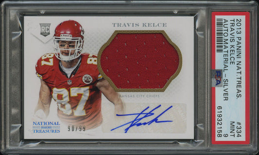 2013 PANINI TRAVIS KELCE NATIONAL TREASURES AUTOGRAPH MAT-SILVER #334 PSA 9