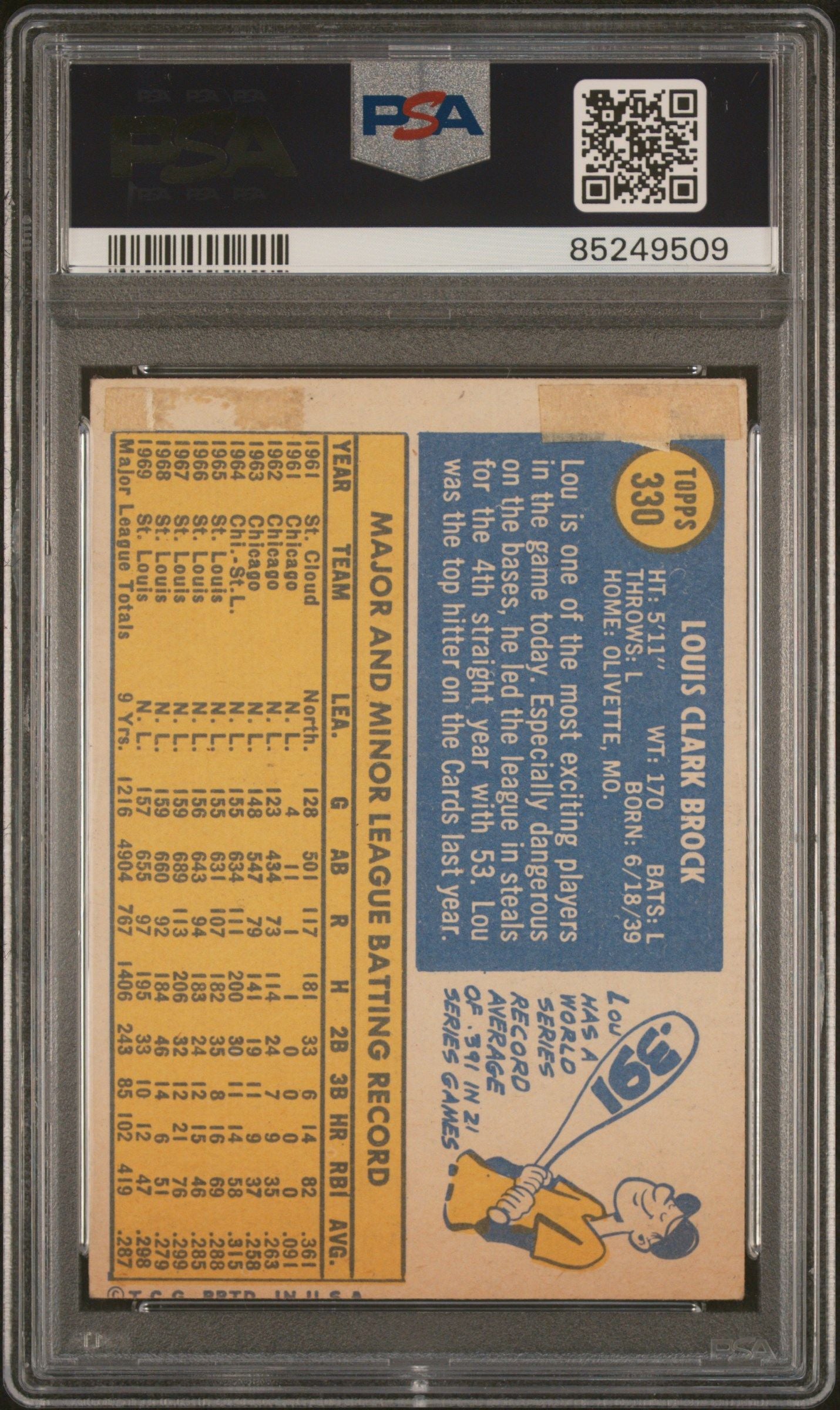 1970 TOPPS LOU BROCK #330 PSA/DNA AUTHENTIC AUTO 10