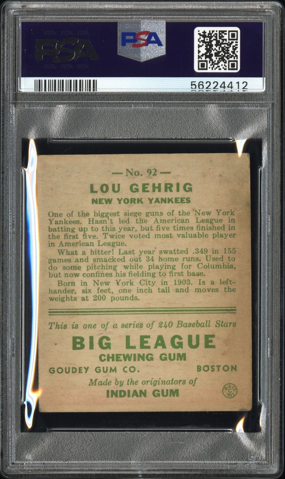 1933 GOUDEY LOU GEHRIG #92 PSA 3